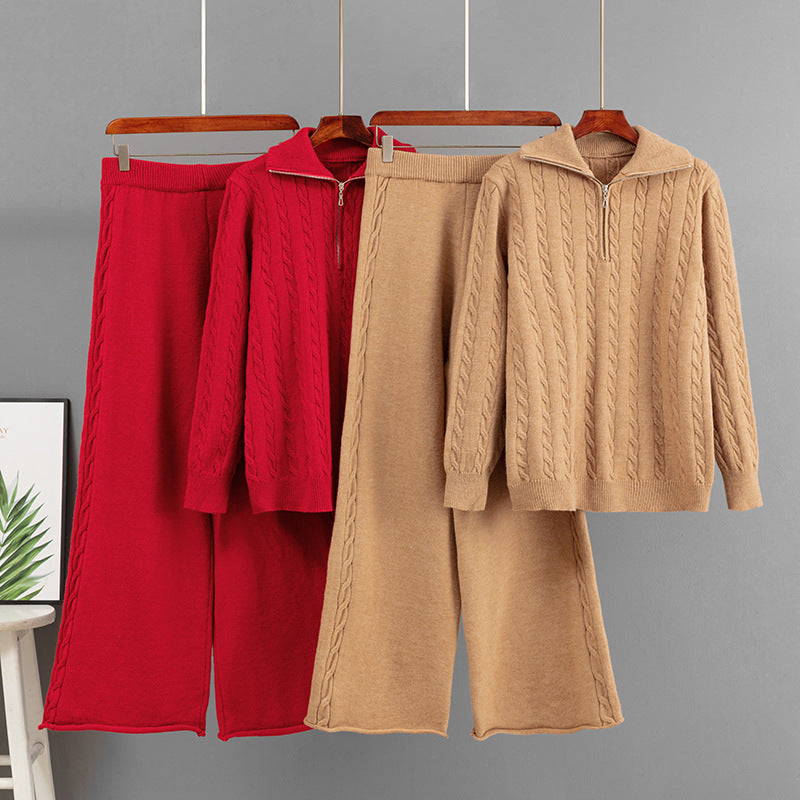 Half zip sweater loose wide leg pants two-piece set for women