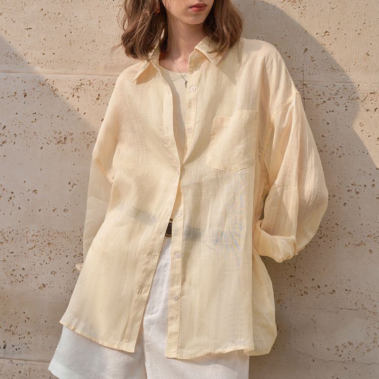 Pure Ramie Blouse High-end Women's French Sunscreen Loose Cardigan Turn-down Collar Long-sleeved Thin Shirt