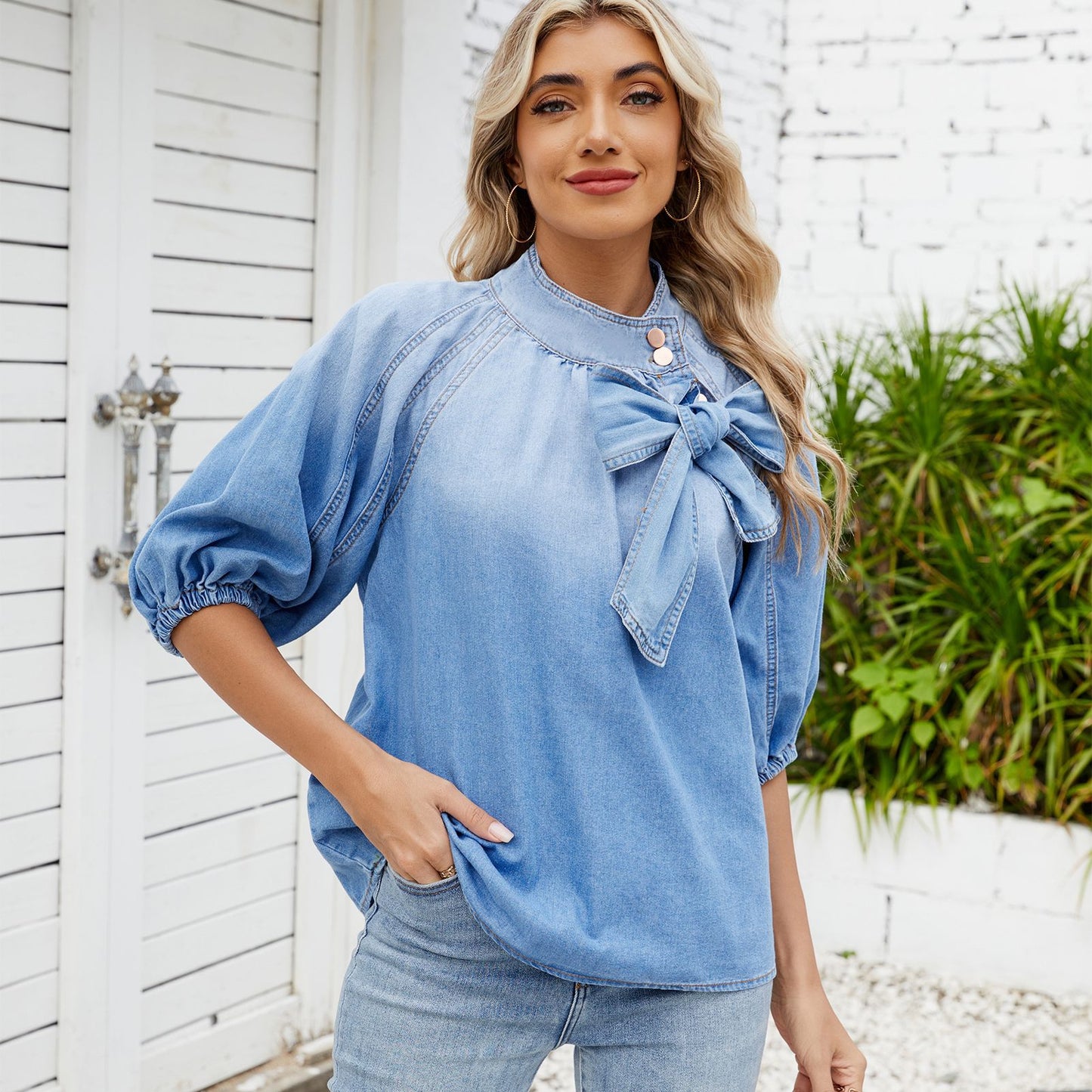 European and American loose collar tied denim shirt with bow top for women