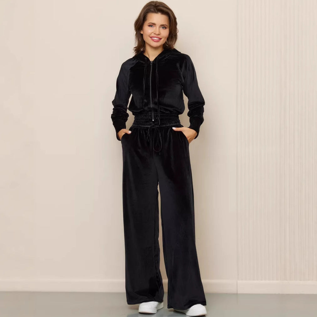 Women's Solid Color Zip-up Hoodie and Drawstring Pants Two-Piece Set
