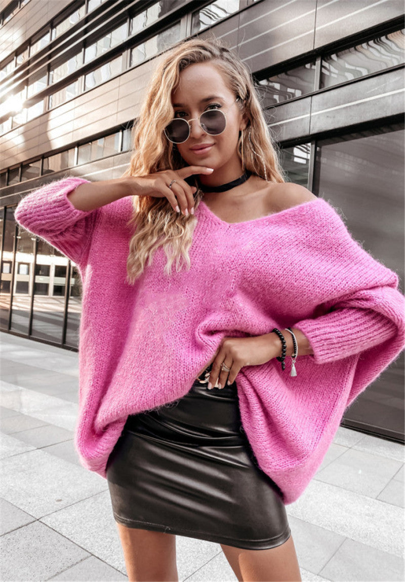 Loose bat shirt candy color V-neck off shoulder knit sweater casual sweater for women