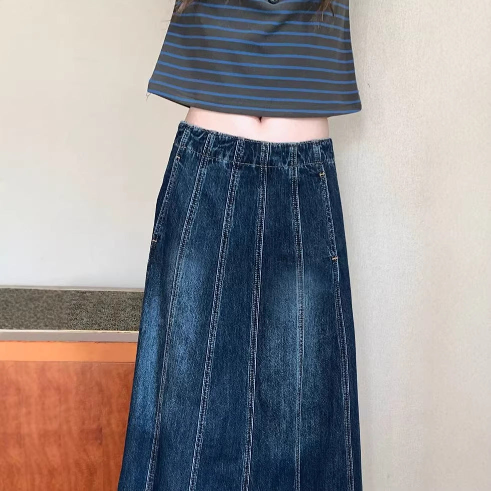 Denim Skirt Women's Loose Patchwork High Waist Long A-Line Skirt