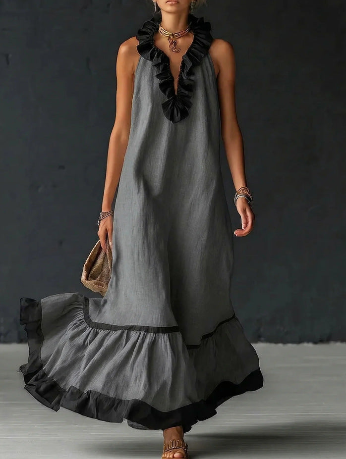 Sleeveless V-neck loose ruffle side length vest dress