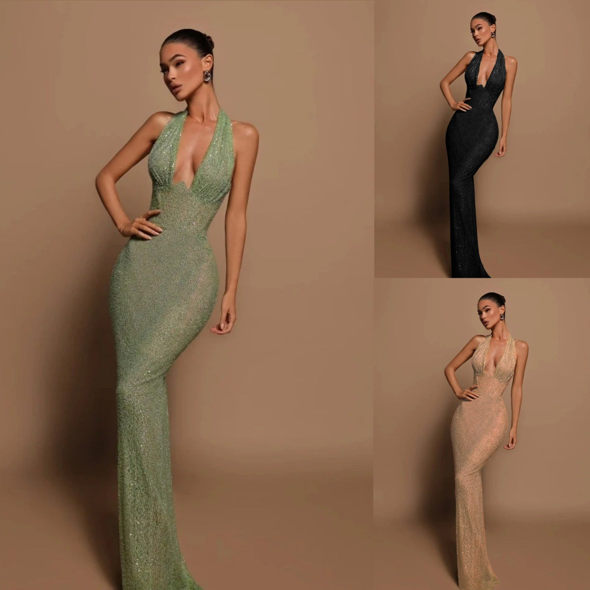 Sexy sequined hip hugging neck slimming banquet evening gown