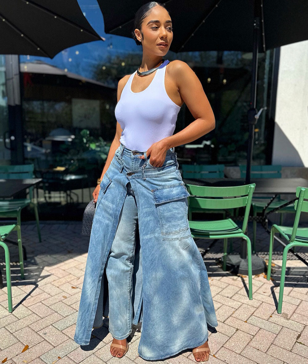 Women's faux two-piece denim pants skirt, street fashion symmetrical slit denim pants