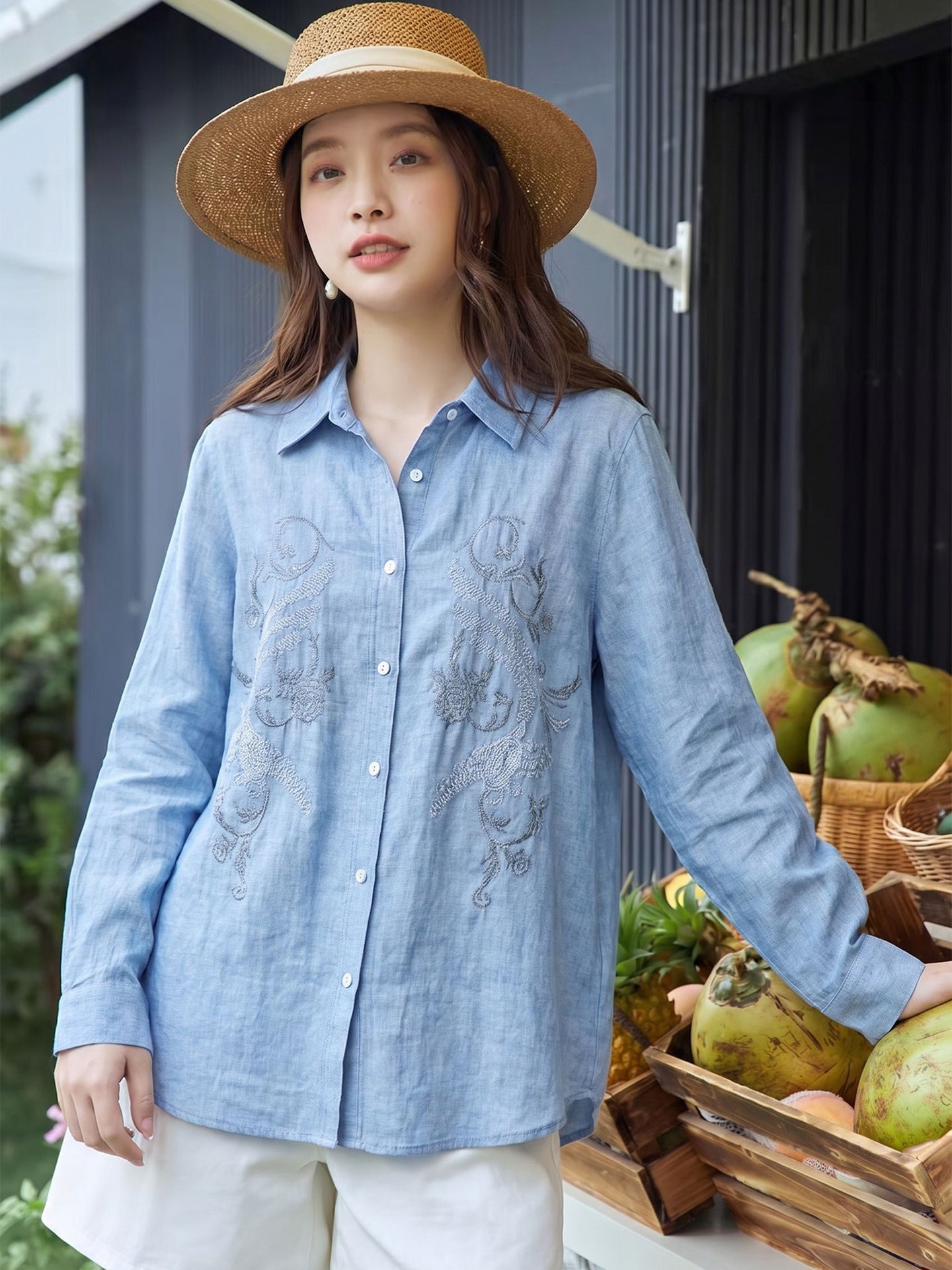 Elegant Refined Style Embroidered Lyocell Blouse for Women Long Sleeve Unique Design Open Front Shirt