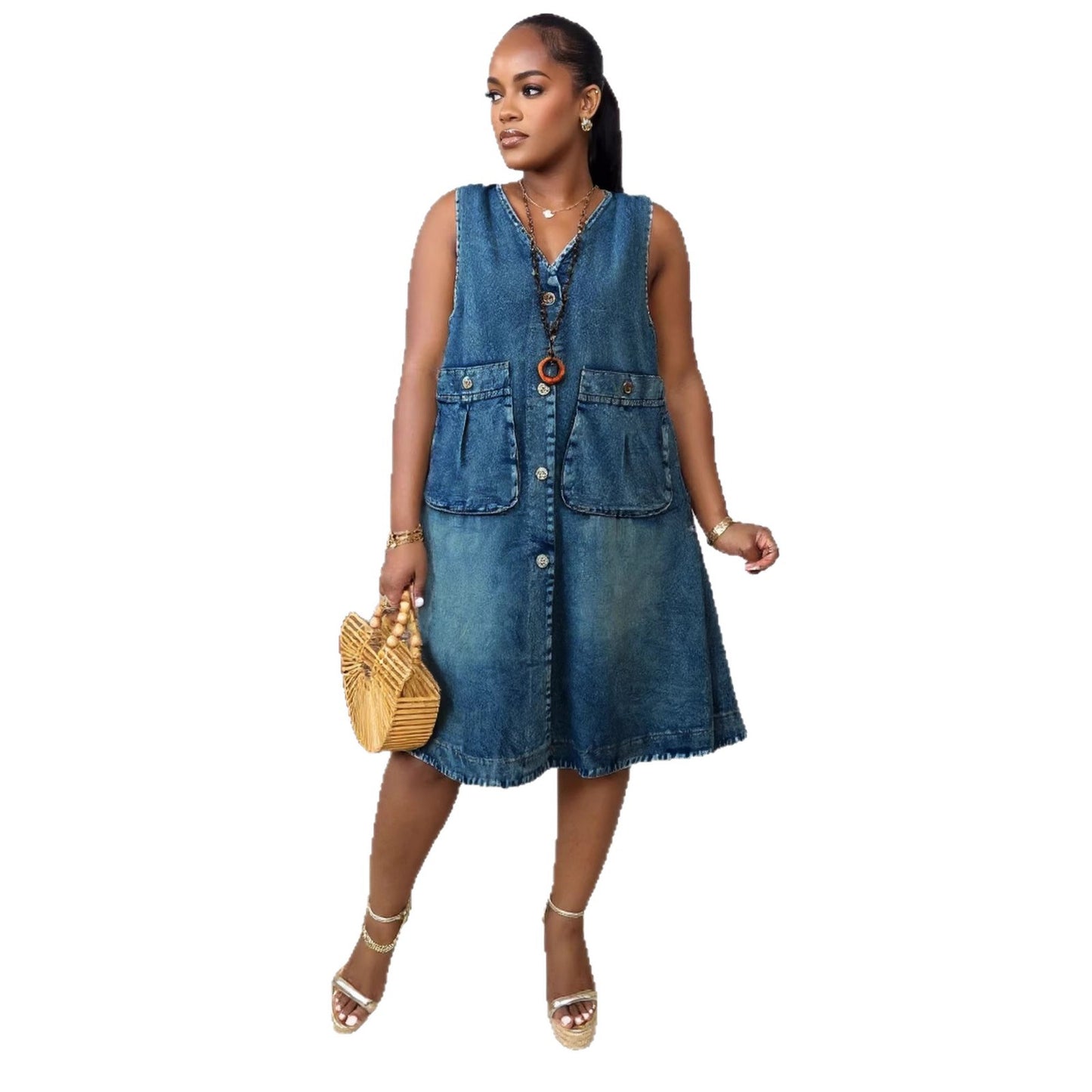 Casual Practical Double Pocket Mid-Length Denim Dress