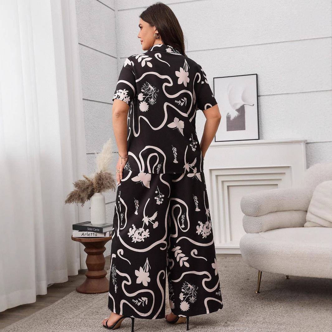 Women's Plus Size Printed Loose Short Sleeve Cardigan and Wide Leg Pants Set