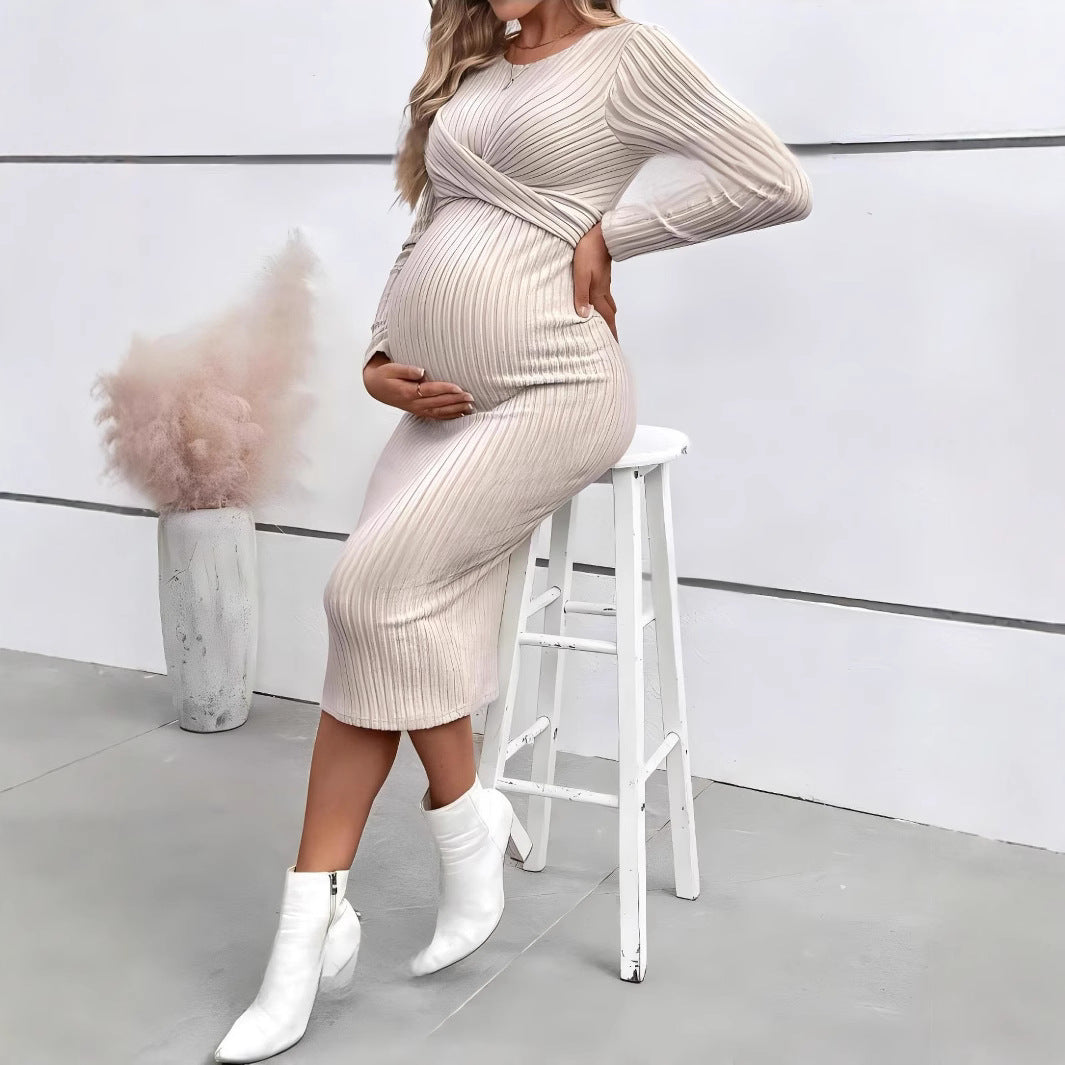 Long Sleeve Maternity Dress Elegant Knot Slim Fit Maternity Dress Full Length Dress