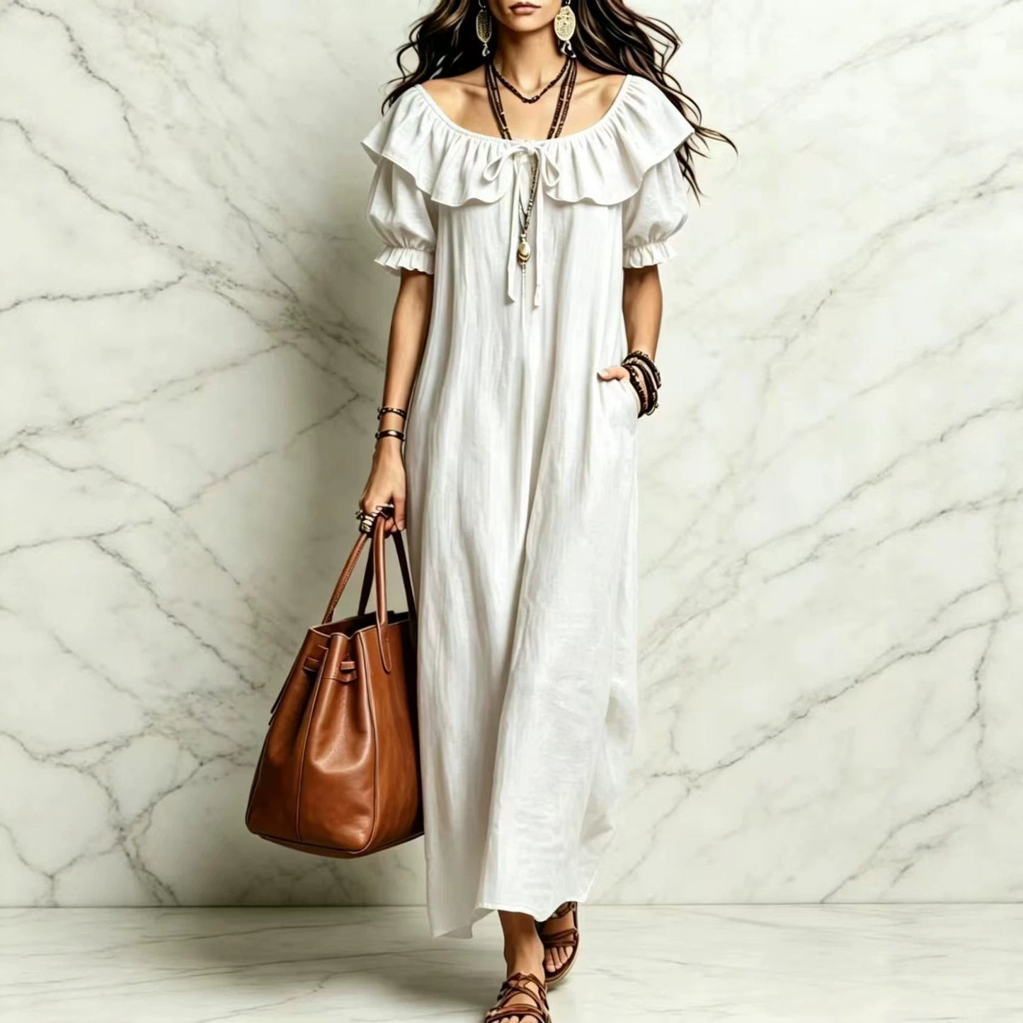 Casual Elegant Round Neck Ruffle Beach Vacation Dress for Women