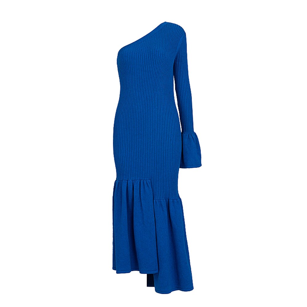 AEL Wool Knitted Party Dress Women Spring Elegant Sexy One Shoulder Fishtail Long Dress Elastic Slim Blue
