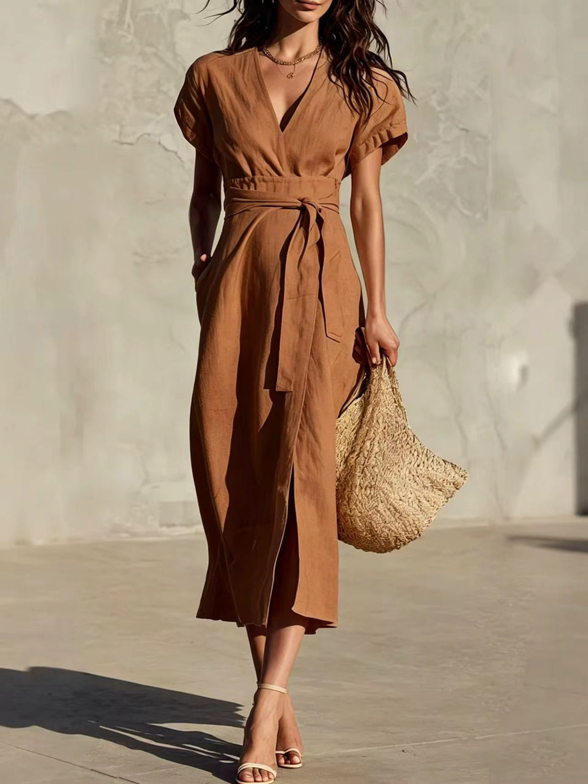 Casual Minimalist Solid Color Tie-Neck Pocket Midi Dress with V-Neckline