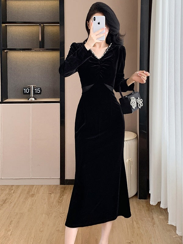 Fashionable Autumn/Winter New Elegant Hollow-Out Design Spliced Mermaid Velvet Dress