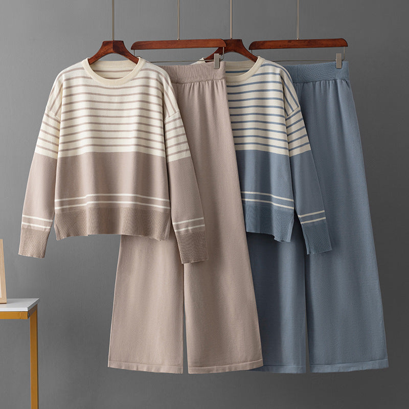 Two piece striped round neck sweater set