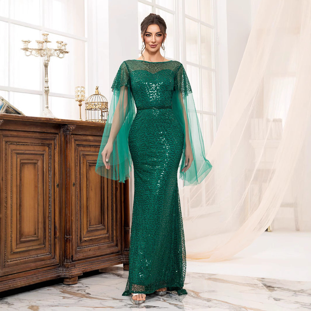 Backless Green Long Sleeve Boat Neck Evening Gown with Sequins Fish Tail Design, Formal Dress for Women