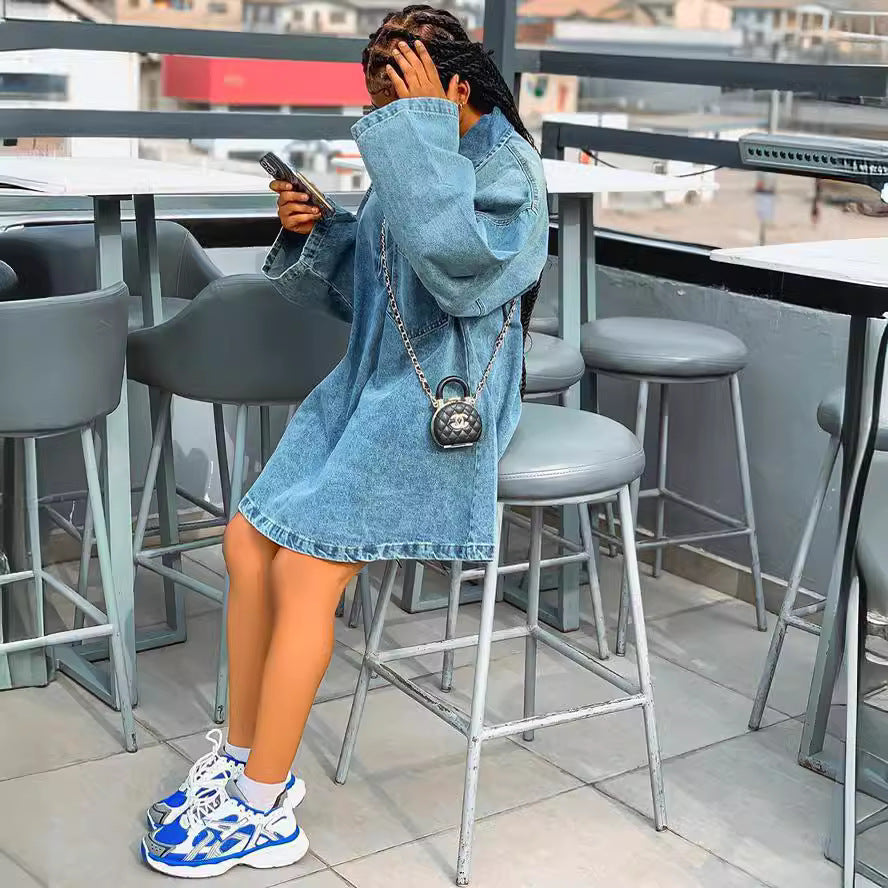 Women's Western Style Dress Summer Casual Loose Denim Dress with Turn-Down Collar Fashionable Long Dress