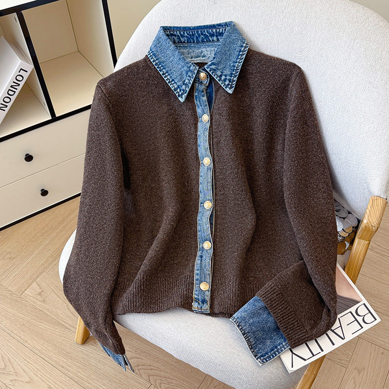Denim Polo Neck Patchwork Knit Sweater
