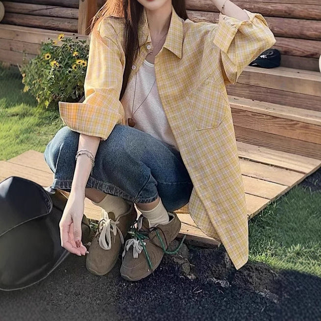 Vintage Plaid Shirt Women's  Thin Loose Collar Sunscreen Long Sleeve Blouse Outerwear Trendy