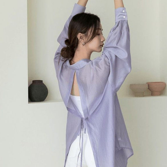 Casual Women's Lightweight Summer Blouse with Back Tie Detail, Sheer Sun Protection Shirt, Loose Bohemian Style