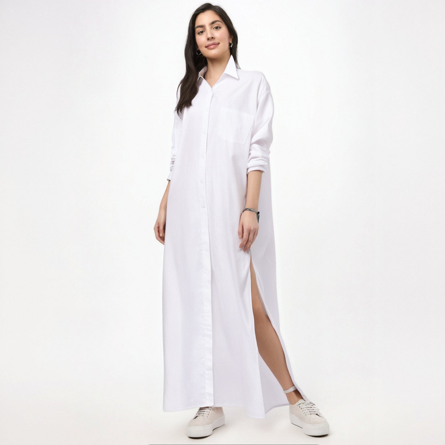 Flip collar side slit long sleeved shirt for women