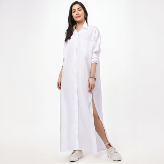 Flip collar side slit long sleeved shirt for women