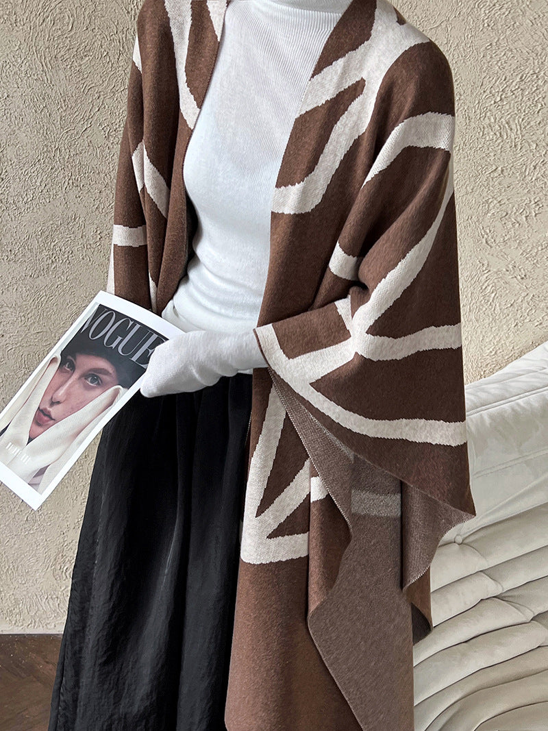 Thick striped cape cotton wool shawl women's coat