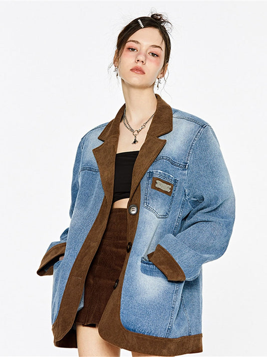 Denim Splice Suit Vintage Sand Wash Silhouette Corduroy American Suit Coat