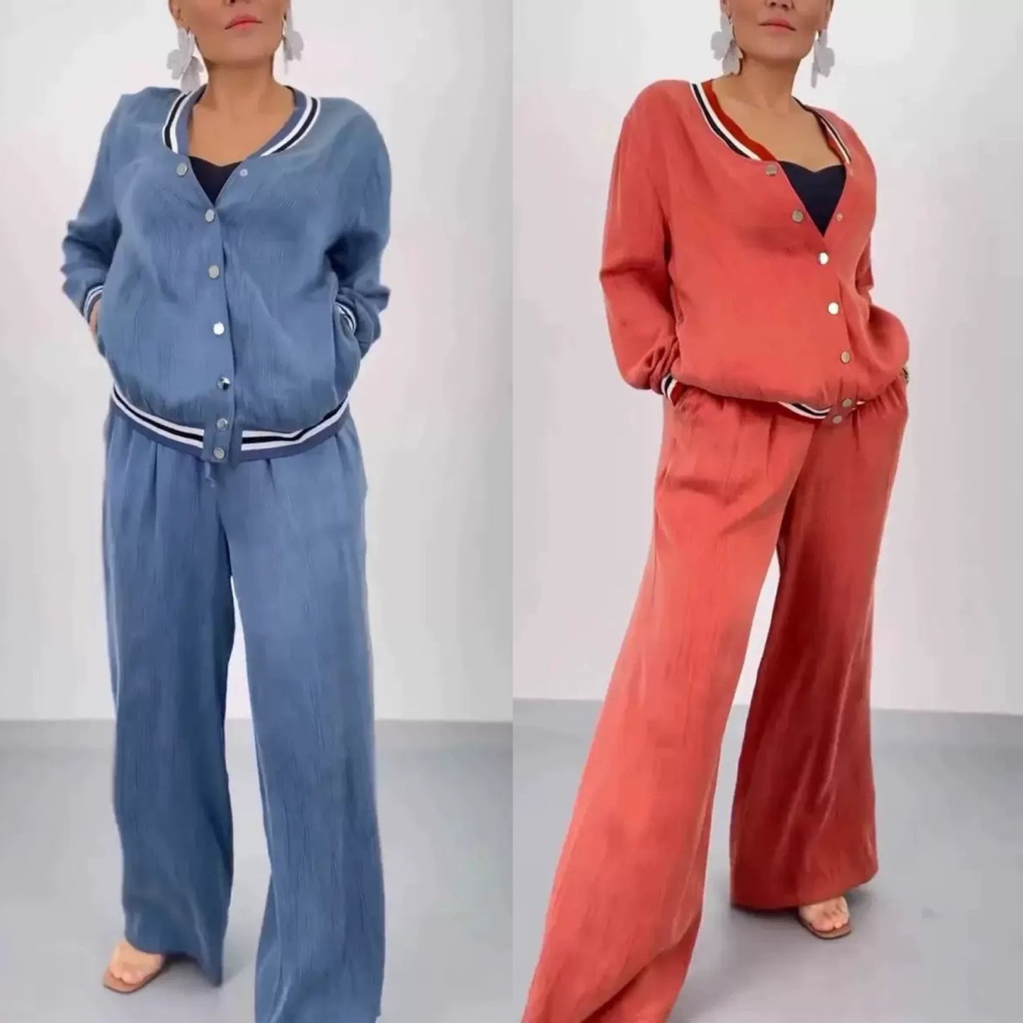 Style Patchwork Round Neck Cardigan Casual Top Wide Leg Pants Set for Women