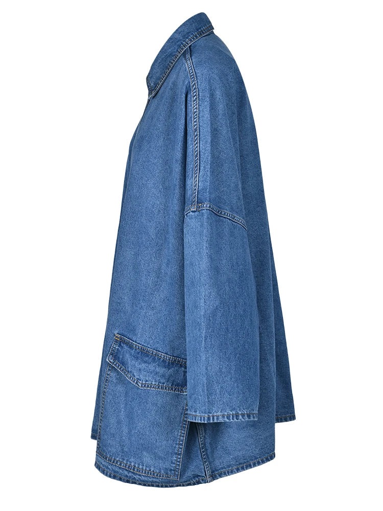 Casual Loose Denim Jackets For Women Lapel Quarter Sleeve Patchwork Pockets Minimalist Jacket Female Fashion New