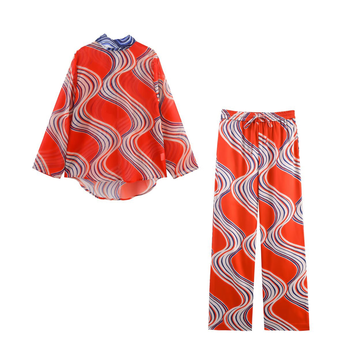 Women's Clothing Bowknot Decorated Printed Blouse + Loose Straight Leg Pants Set