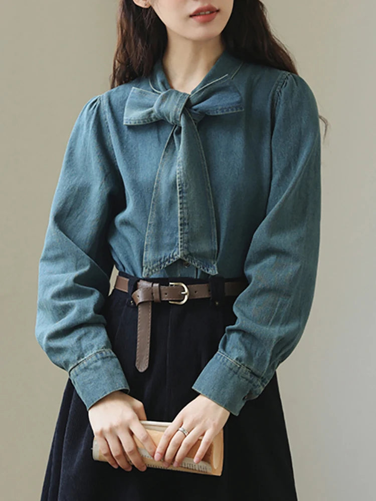 Shirt Loose Patchwork Ribbon Bow Single Breasted Washed Blue Elegant Blouse