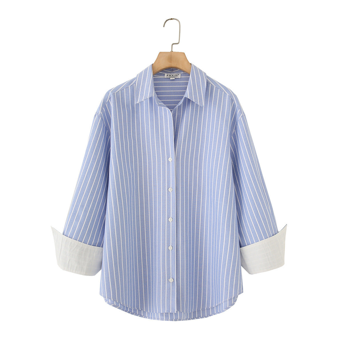 Striped Oxford cotton long sleeved lapel shirt