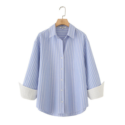 Striped Oxford cotton long sleeved lapel shirt
