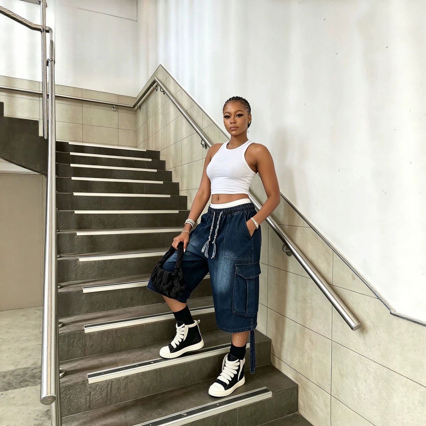 Workwear Denim Pants with Washed Finish Elastic Drawstring Waist Casual Style Bottoms