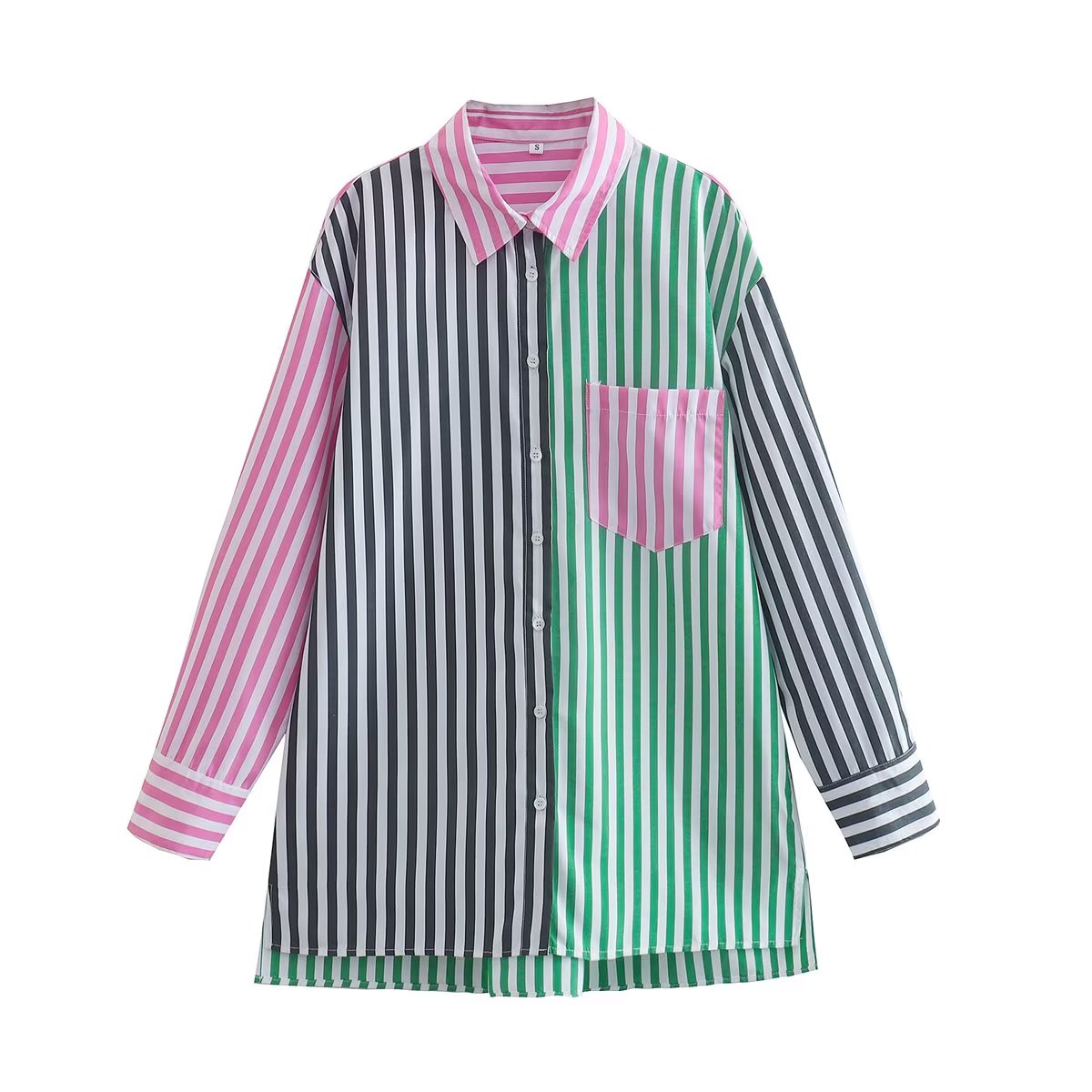 Zevity Women Fashion Color Matching Striped Print Smock Blouse Office Lady Breasted Shirt Business Chemise Blusas Tops