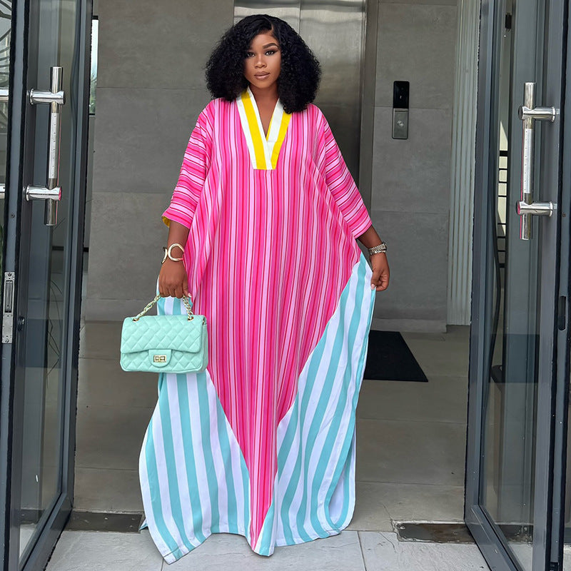 V-neck striped loose long dress