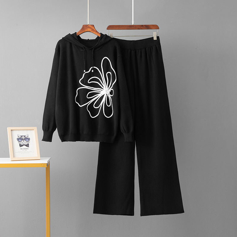Long sleeved flower sweater wide leg pants two-piece set