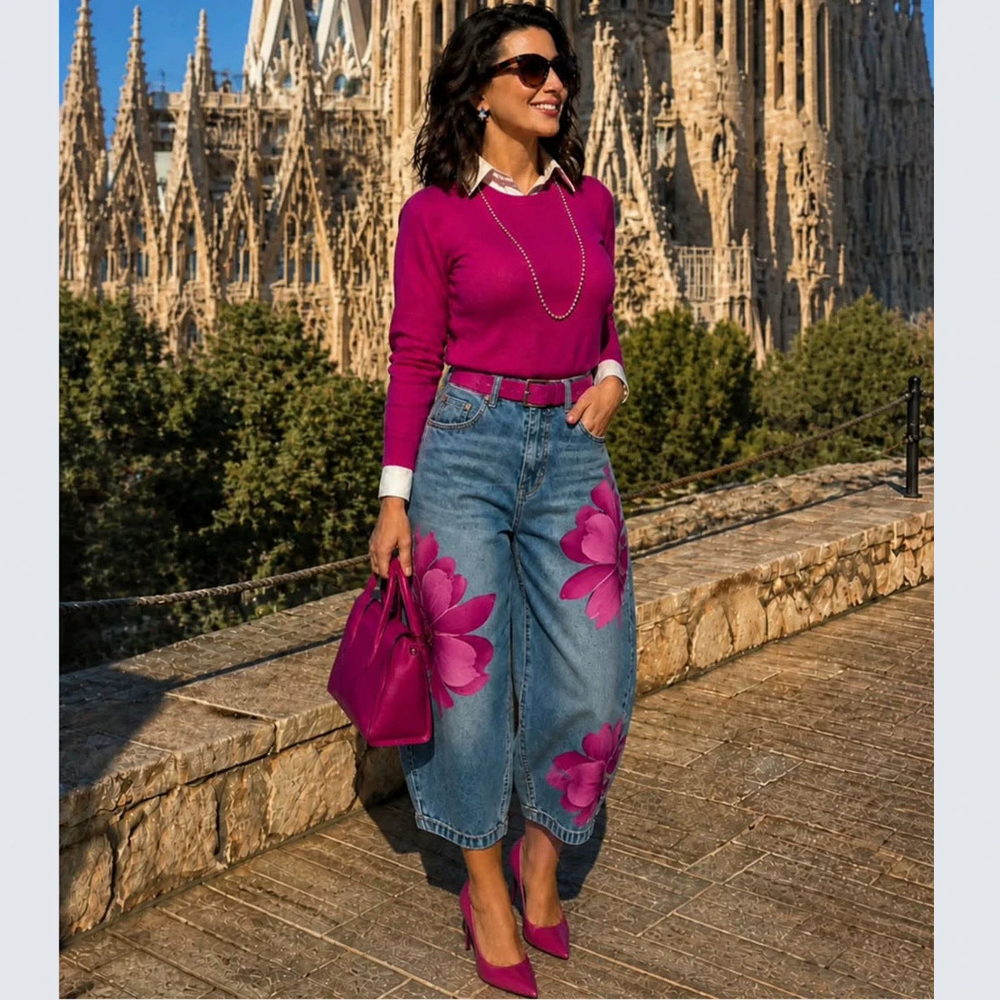 Women's Floral Denim Pants Street Style Printed Design Cropped Jeans