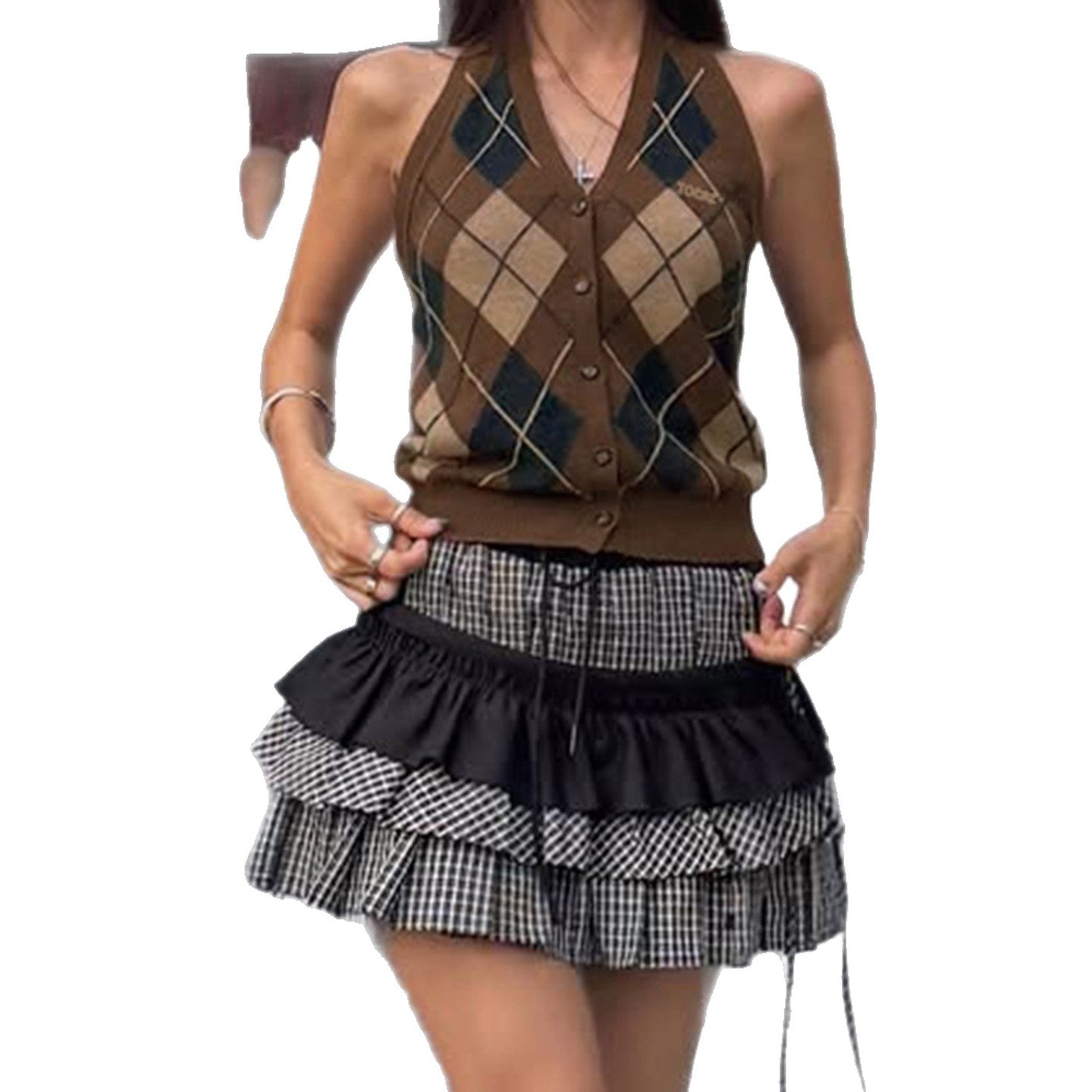 Backless slimming college style contrasting color backless top