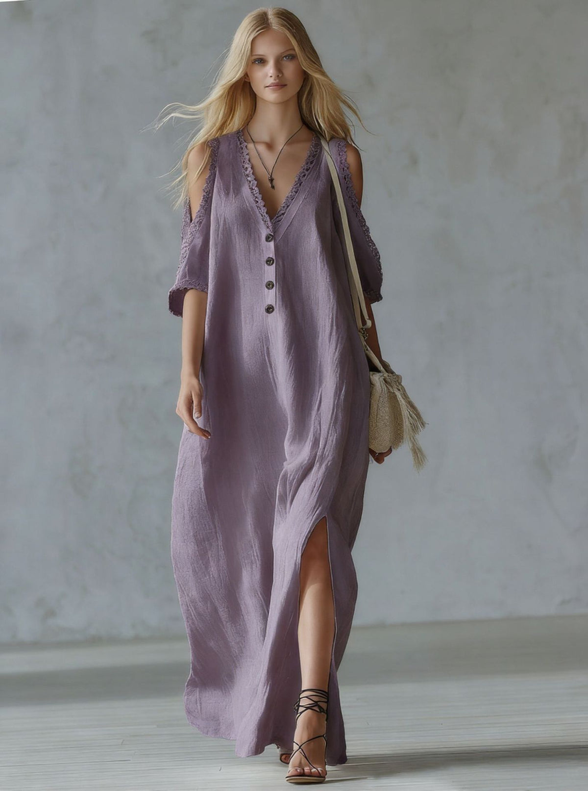 Style Lace Trim Loose Off-Shoulder Casual Women's Dress Long Dress