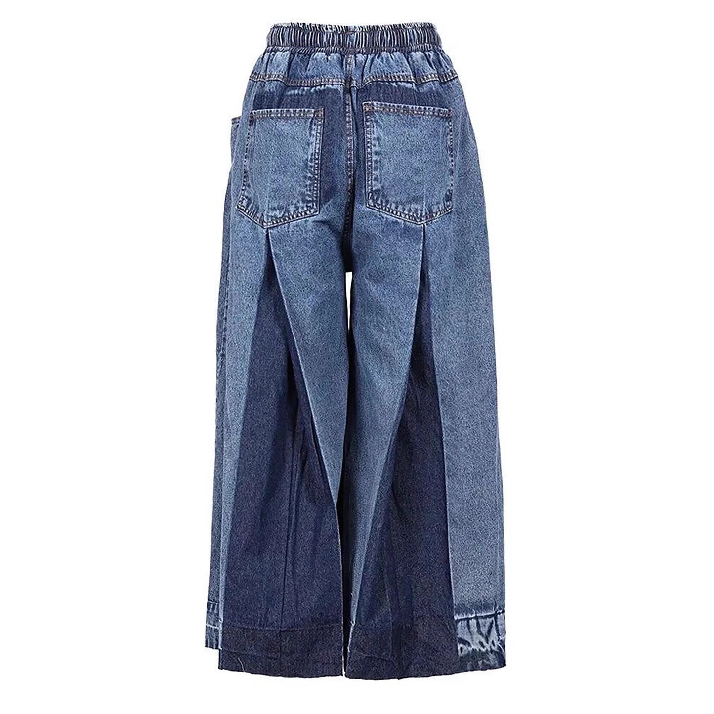 Street Style Elastic Drawstring Pleated Color-Blocked Wide Leg Cropped Jeans
