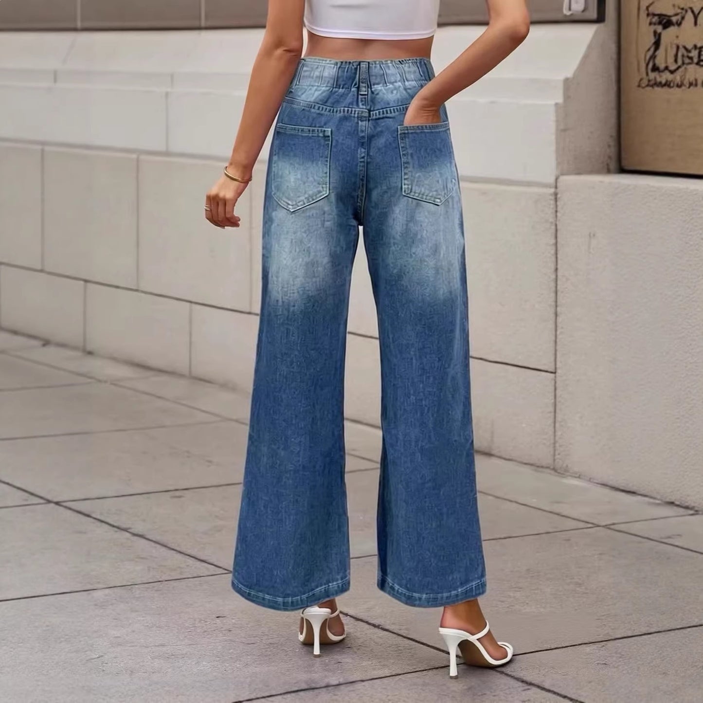 Fashionable and personalized slim drawstring wide leg straight leg women's jeans