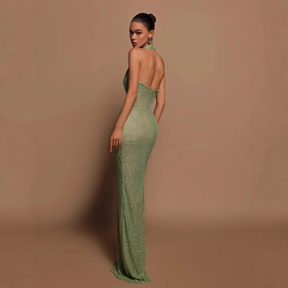 Sexy sequined hip hugging neck slimming banquet evening gown