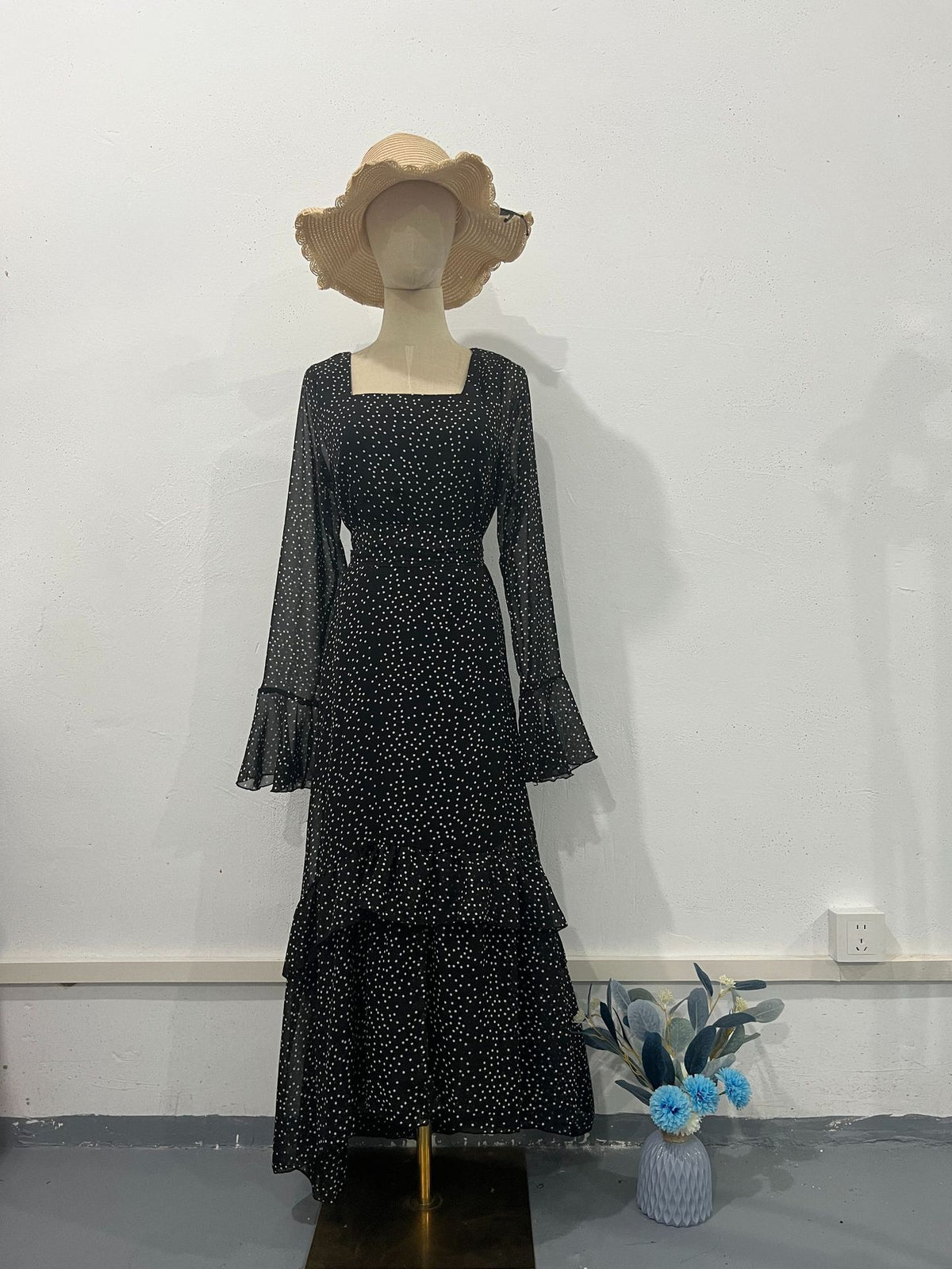 Dress Spring Long Length Patchwork Polka Dot Ruffle Sleeve ChiffonElegant