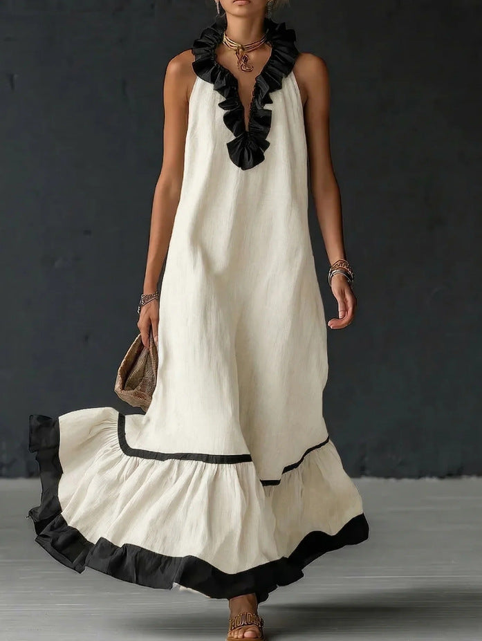 Sleeveless V-neck loose ruffle side length vest dress