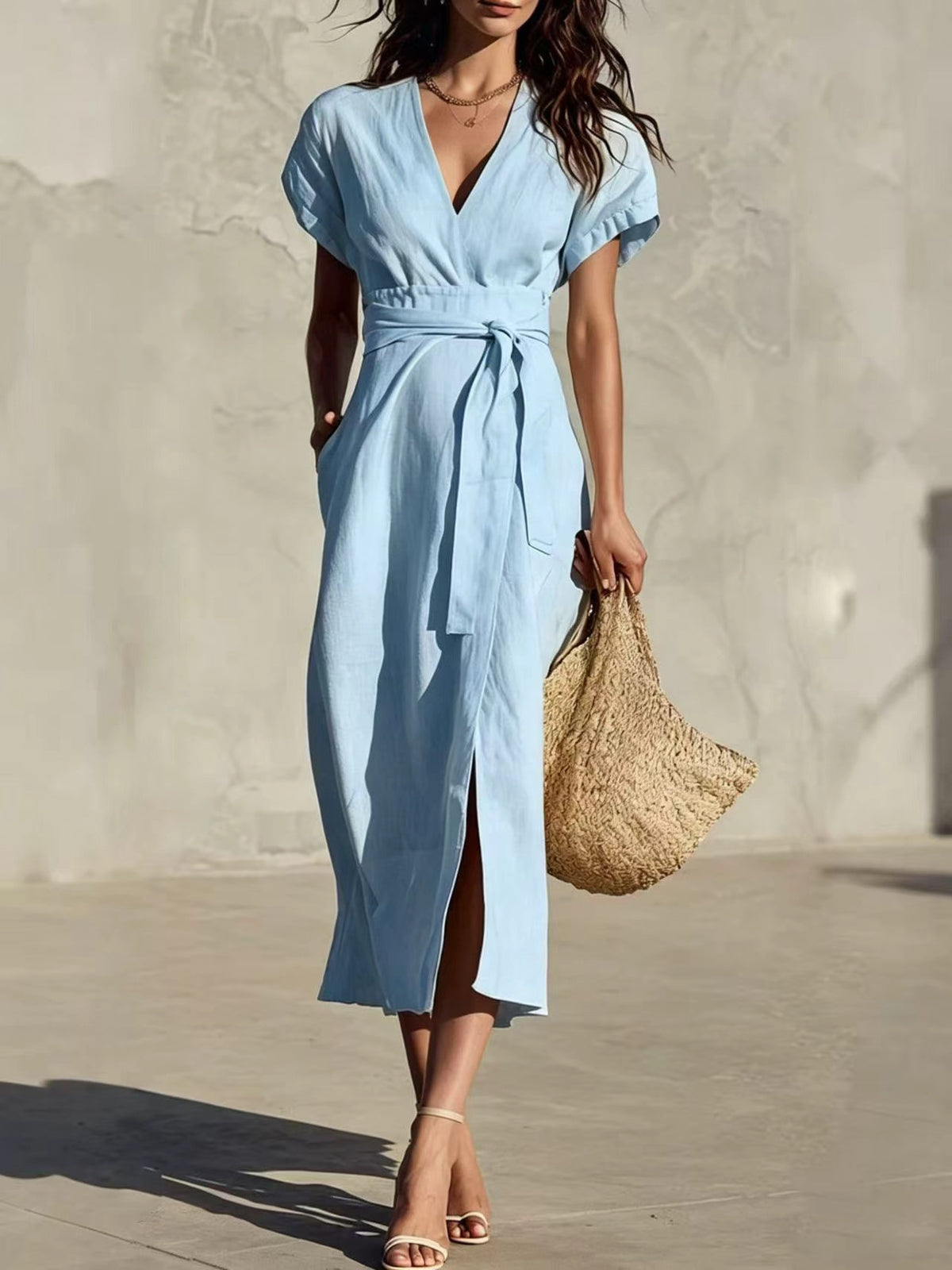 Casual Minimalist Solid Color Tie-Neck Pocket Midi Dress with V-Neckline