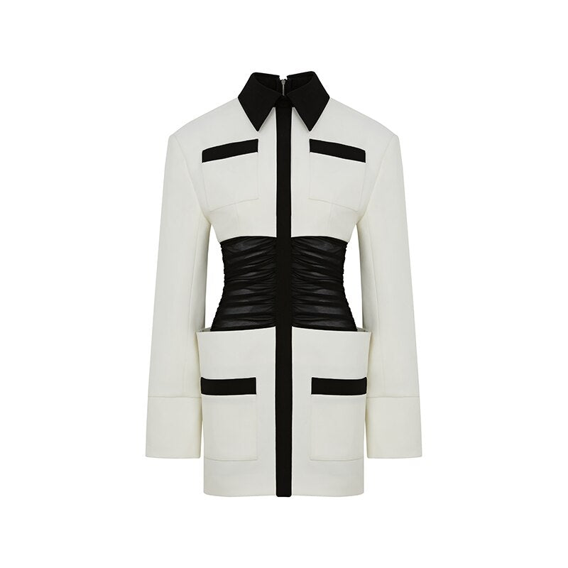 Black And White Collision Color Slim Modern Retro Sexy Black Mesh Waist Dress