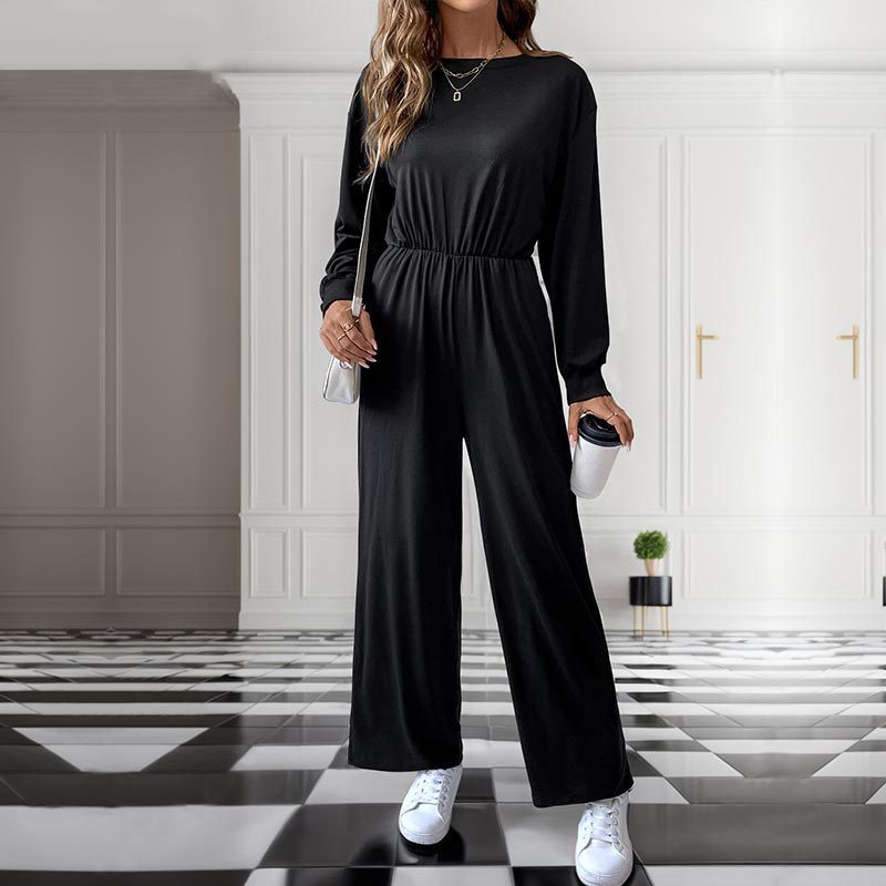 Casual  Solid Color Long Sleeve Pocket Draping Jumpsuit for Women