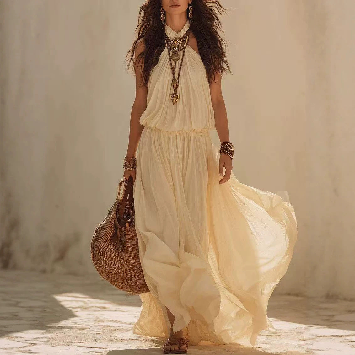 Hanging neck and waist cinching dress