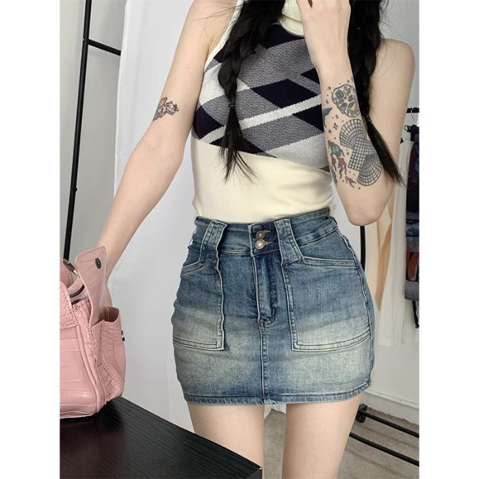 Retro Denim A-Line Midi Skirt for Women, High Waist, Short Fit, Casual Summer Style Small Frame Friendly
